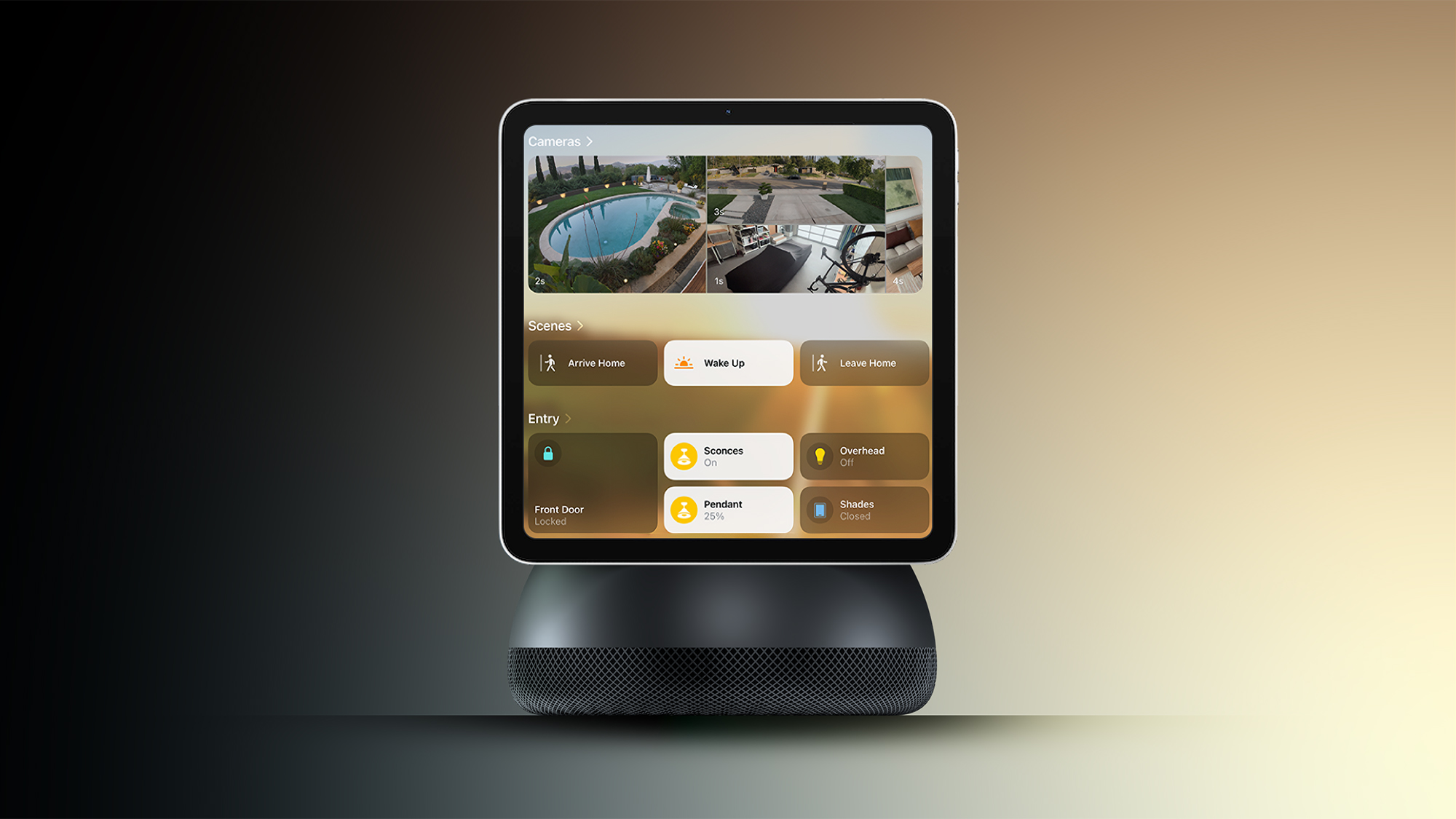 Apple Home Hub 概念渲染图,展示带屏幕的智能家居控制中心