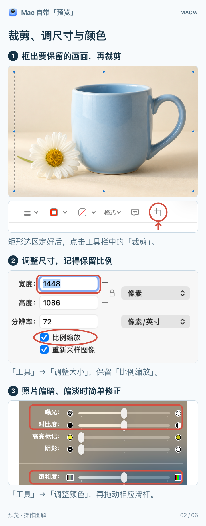 预览的裁剪、调整大小和调整颜色窗口,标出主要工具与比例选项