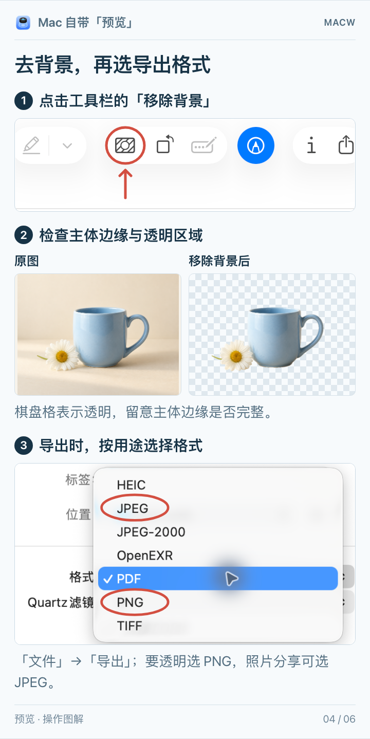 移除背景入口、透明结果和导出格式菜单的截图组合