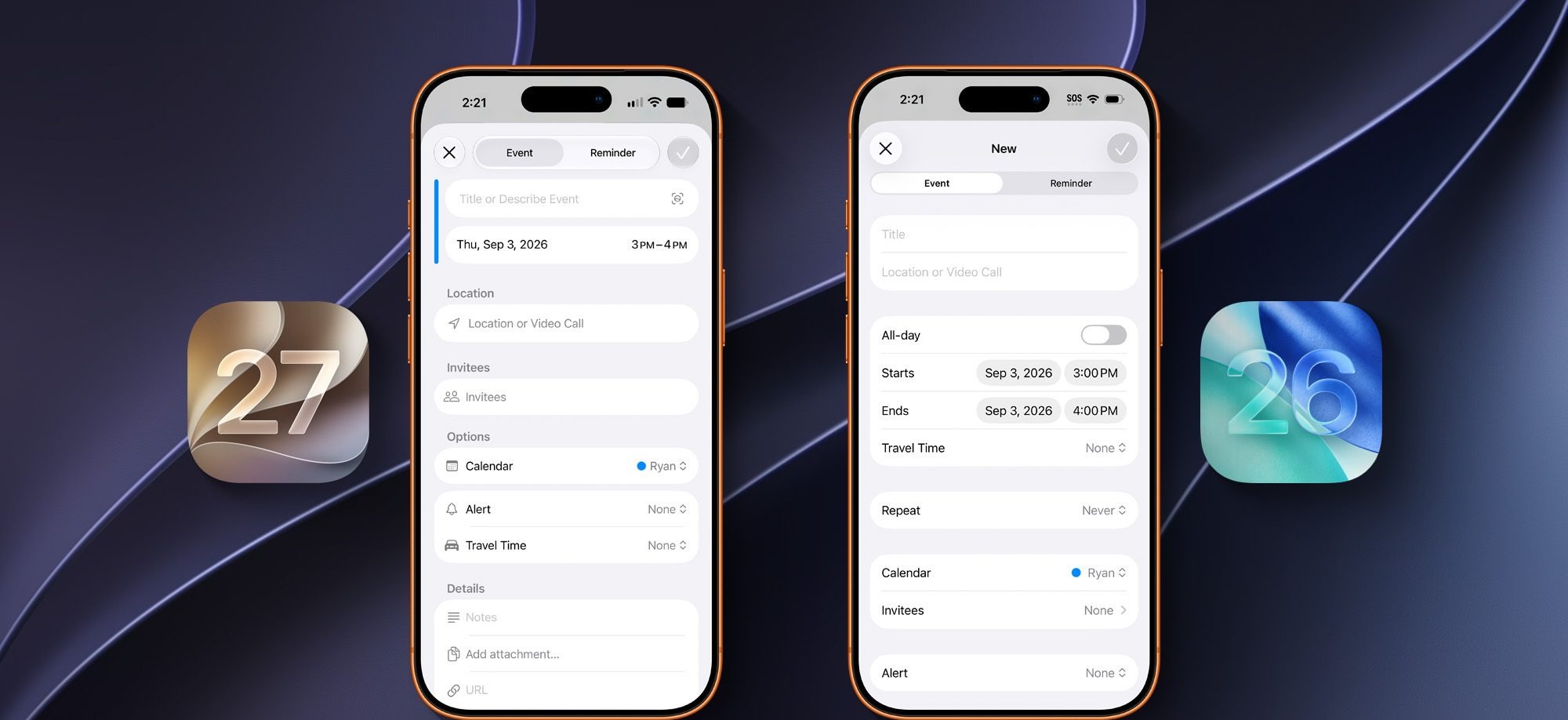 iOS 27 与 iOS 26 日历新建事件界面对比