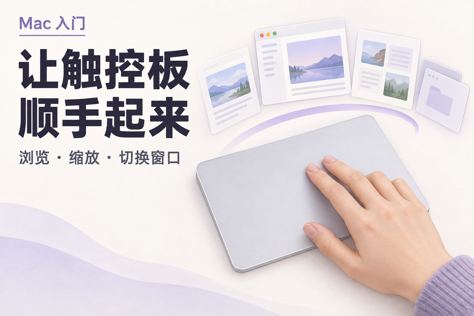 让触控板顺手起来:浏览、缩放、切换窗口。银色触控板与手部。