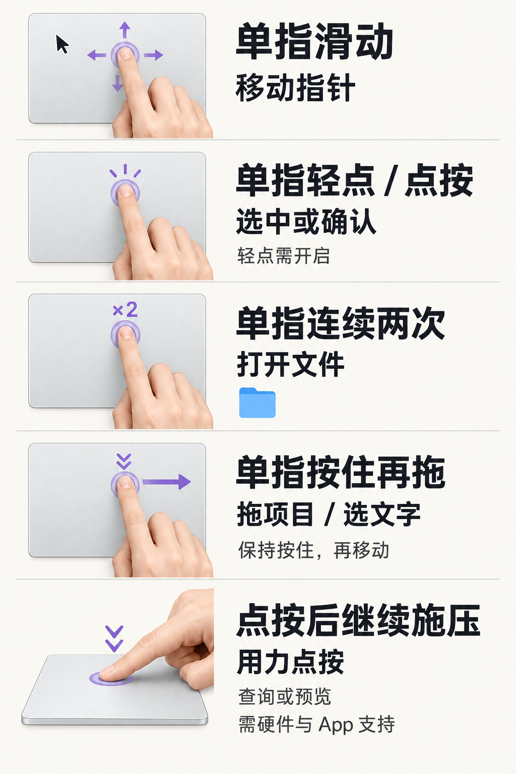 单指移动、点按与轻点、双击、按住拖移及用力点按的动作与用途