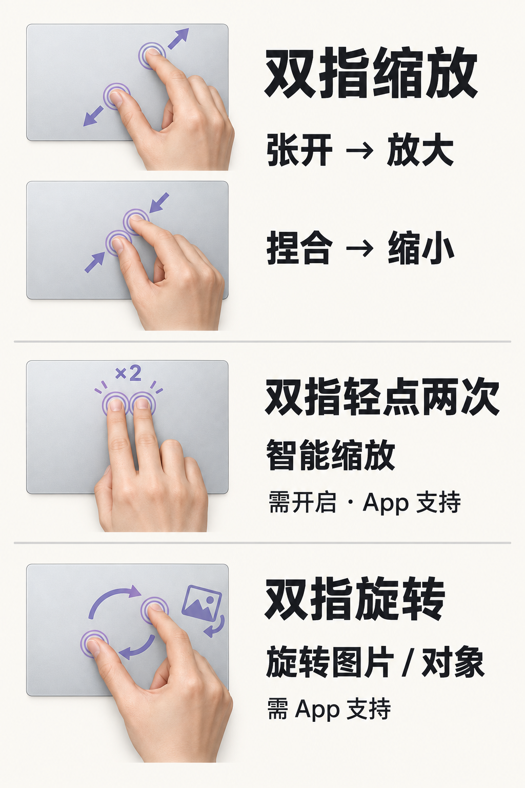双指张开放大、捏合缩小、轻点两下智能缩放与相对转动旋转内容