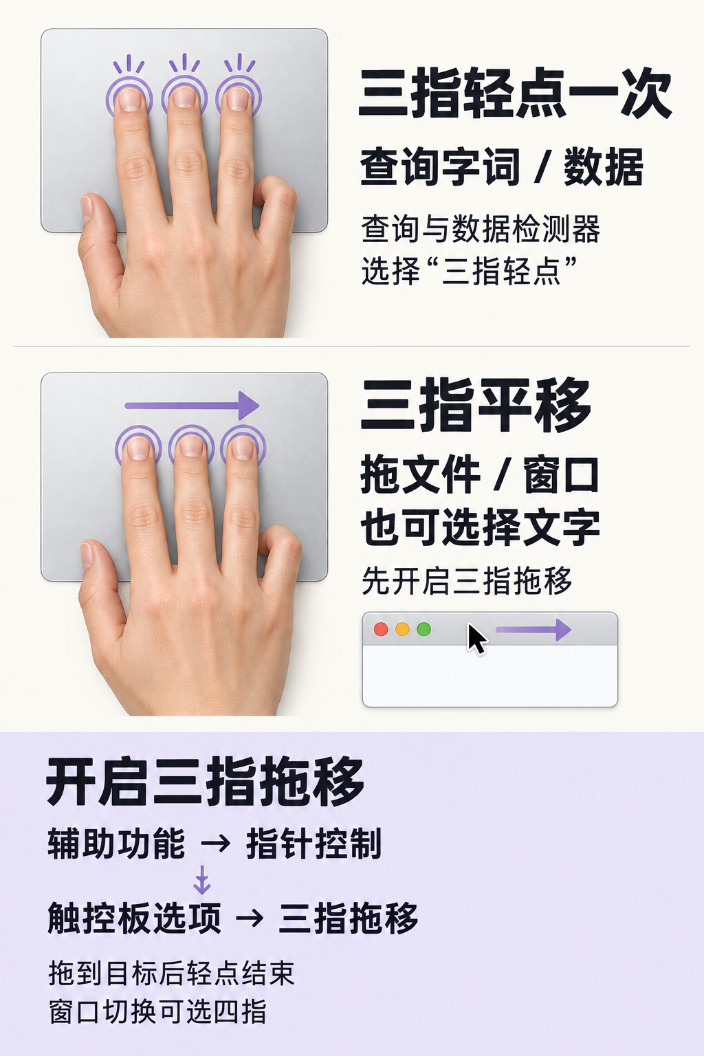 三指轻点查询、三指拖移及三指拖移与四指窗口管理的设置分工