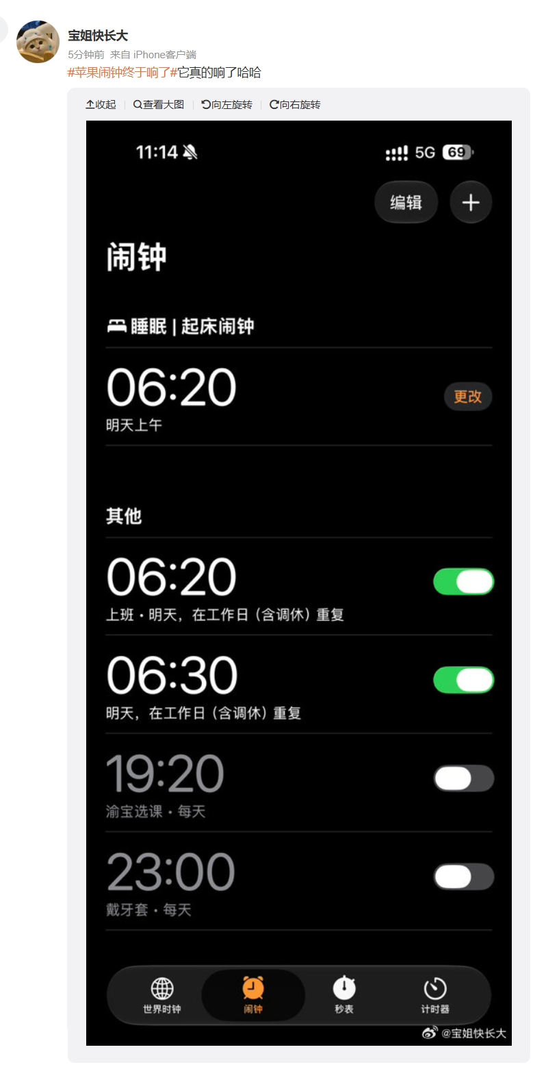 iOS 27 闹钟调休选项截图