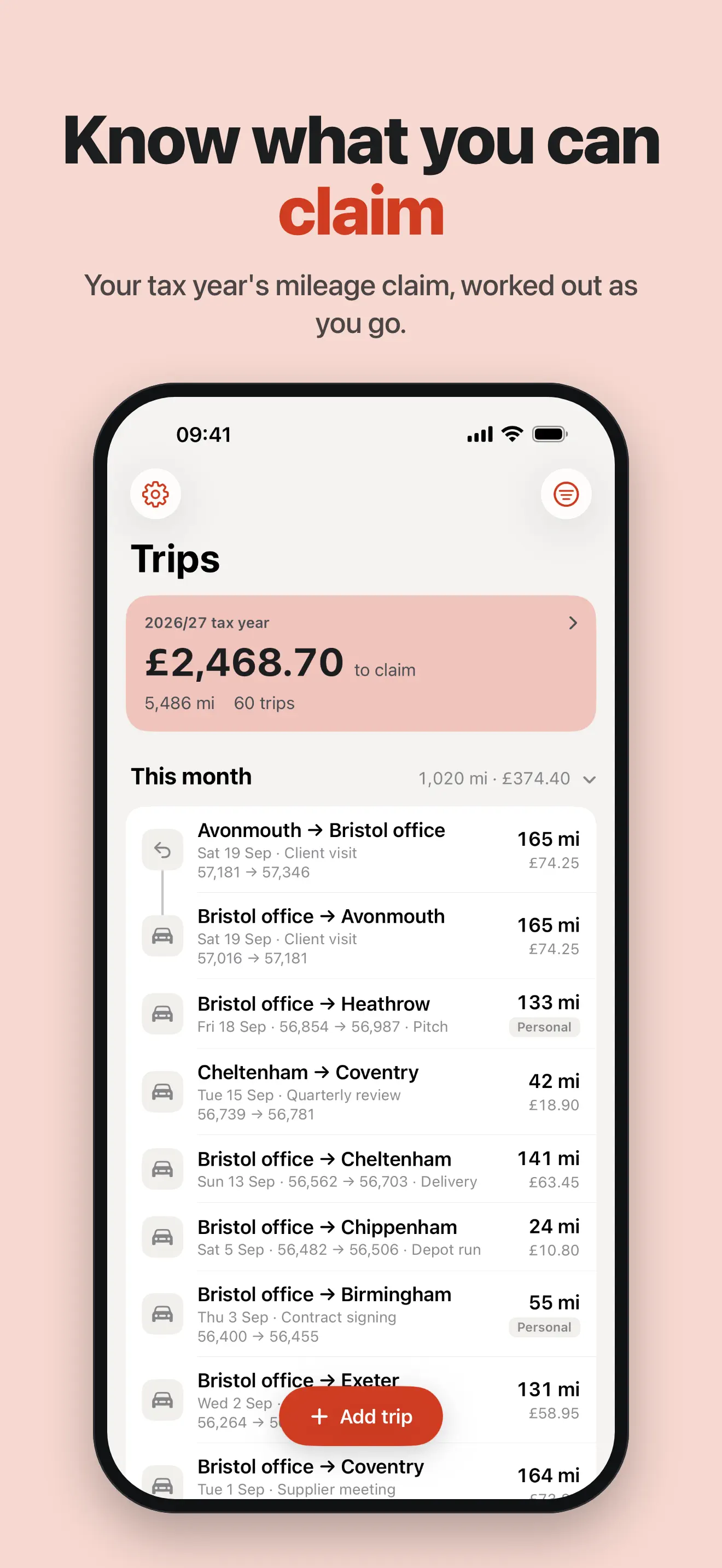 Mileage: Business Trip Tracker 截图 1