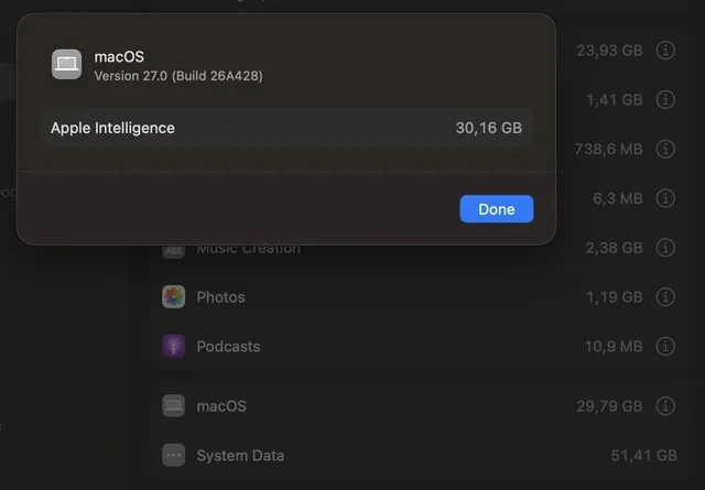 MacBook Pro 系统设置显示 AI 占用 24.35GB