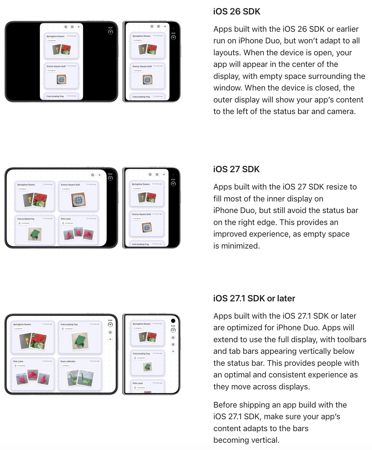不同 SDK 构建的应用在 iPhone Duo 内屏上的显示差异